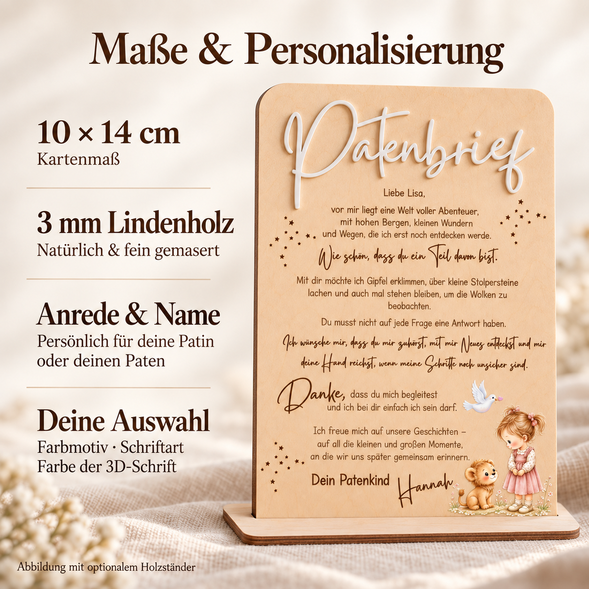 Patenbrief im Format 10 × 14 cm aus 3 mm Lindenholz mit personalisierter Anrede und Namen