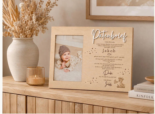 Patenbrief-Bilderrahmen aus Holz mit Babyfoto, graviertem Text und weißer 3D-Schrift