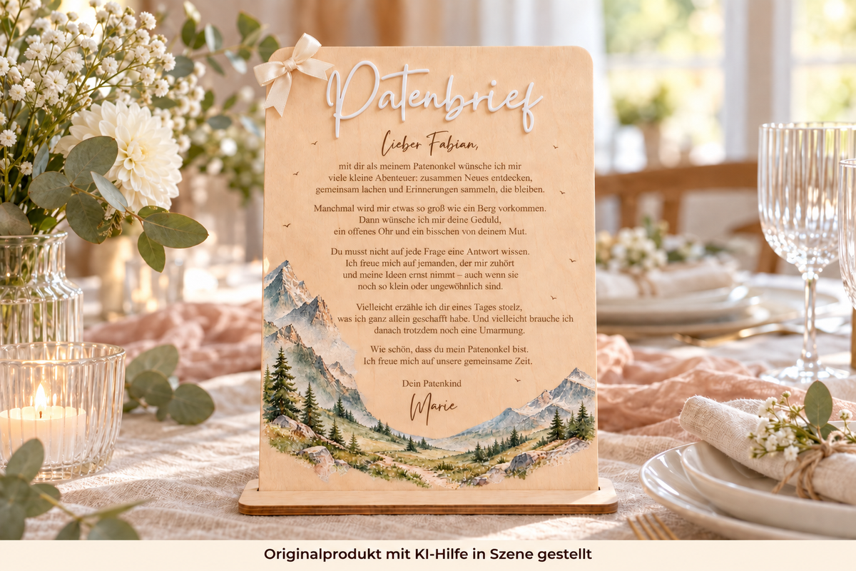 Patenbrief aus Holz mit graviertem Text, Bergen in Aquarellfarben, Schleife und Ständer auf einem Tauftisch. Originalprodukt mit KI-Hilfe in Szene gestellt.