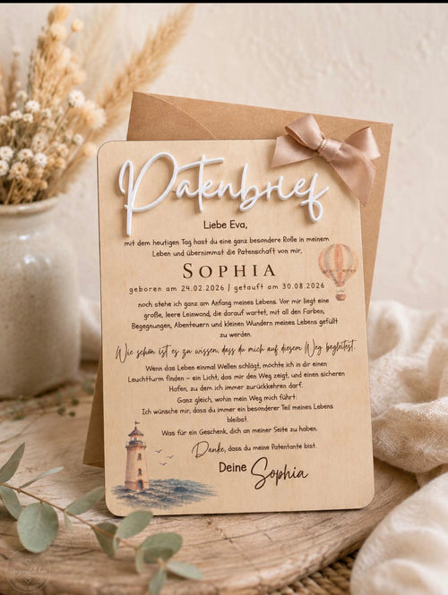 Personalisierter Patenbrief aus Holz mit weißer 3D-Schrift, Leuchtturm, Heißluftballon, Umschlag und optionaler Schleife in Nude