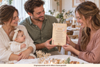 Eltern mit Baby überreichen einen personalisierten Patenbrief an die Patentante. Originalprodukt mit KI-Hilfe in Szene gestellt.