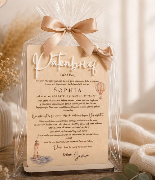Patenbrief mit Ständer und weißem 3D-Schriftzug, in Geschenkfolie mit Schleife