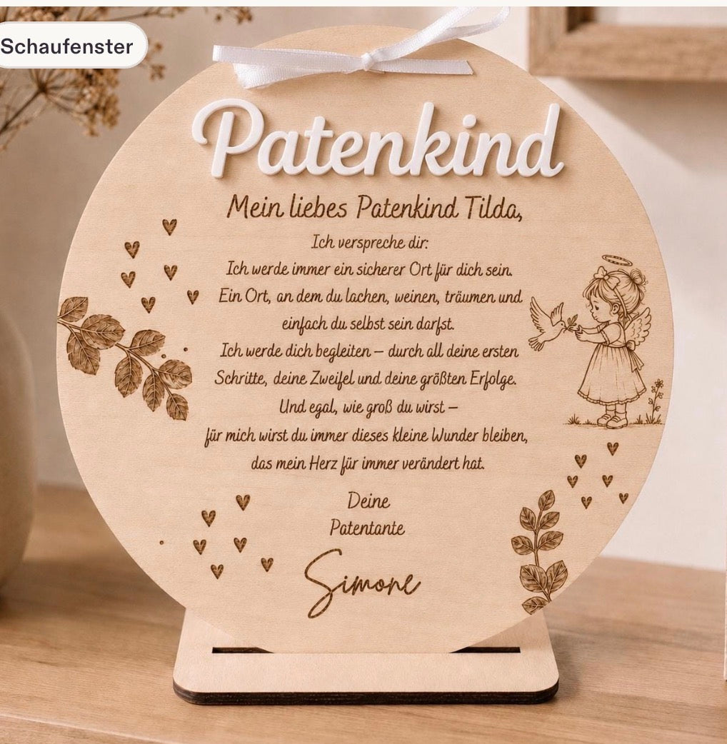 Runder Patenbrief fürs Patenkind aus Holz mit weißem 3D-Schriftzug, Herz- und Blättergravuren und persönlichem Versprechen