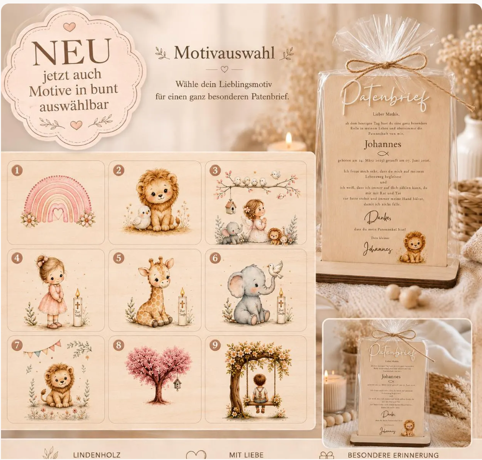 Beispiele bunter Wunschmotive für den Patenbrief mit Ständer: Regenbogen, Löwe, Kinder, Giraffe, Elefant und Lebensbaum