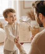 Kind überreicht einen personalisierten Patenbrief aus Holz mit Ständer und 3D-Schrift als Geschenk an den Patenonkel; mit optionaler Folienverpackung