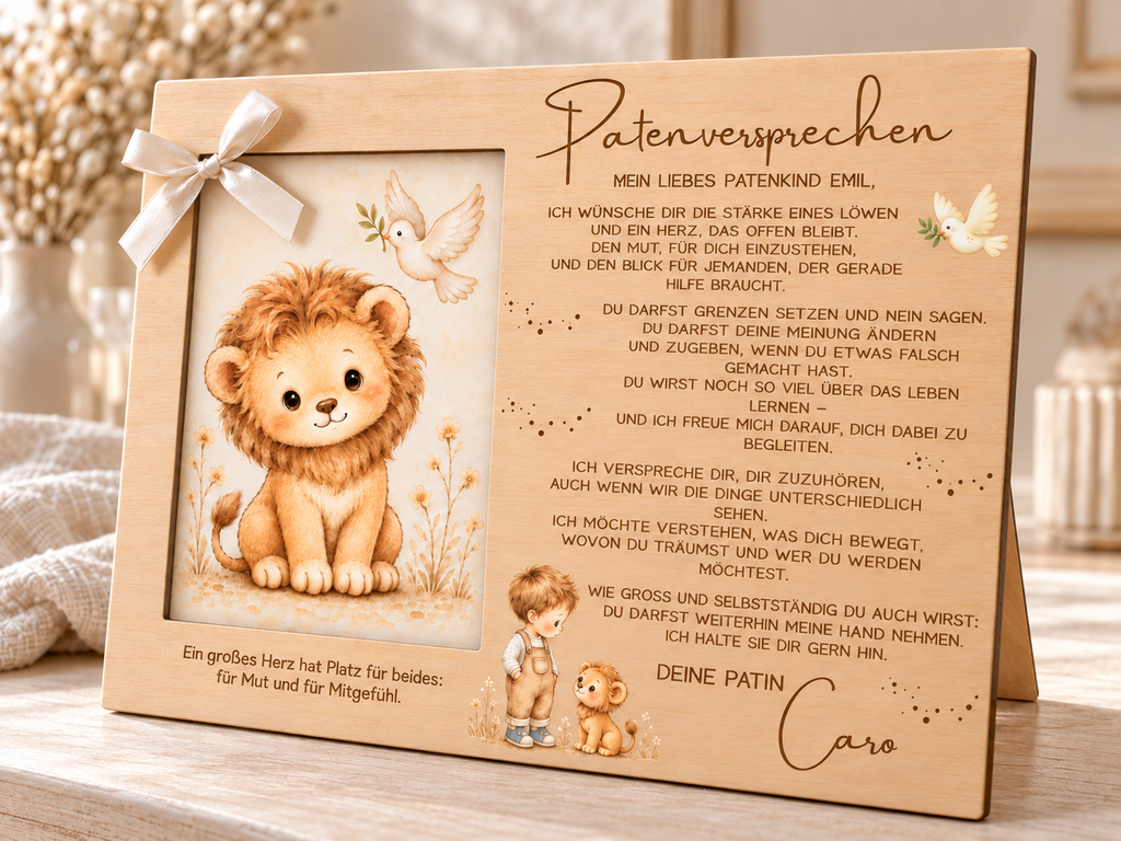 Aufgestellter personalisierter Holz-Fotorahmen für Emil mit Löwe, Taube und Patenversprechen von Patin Caro