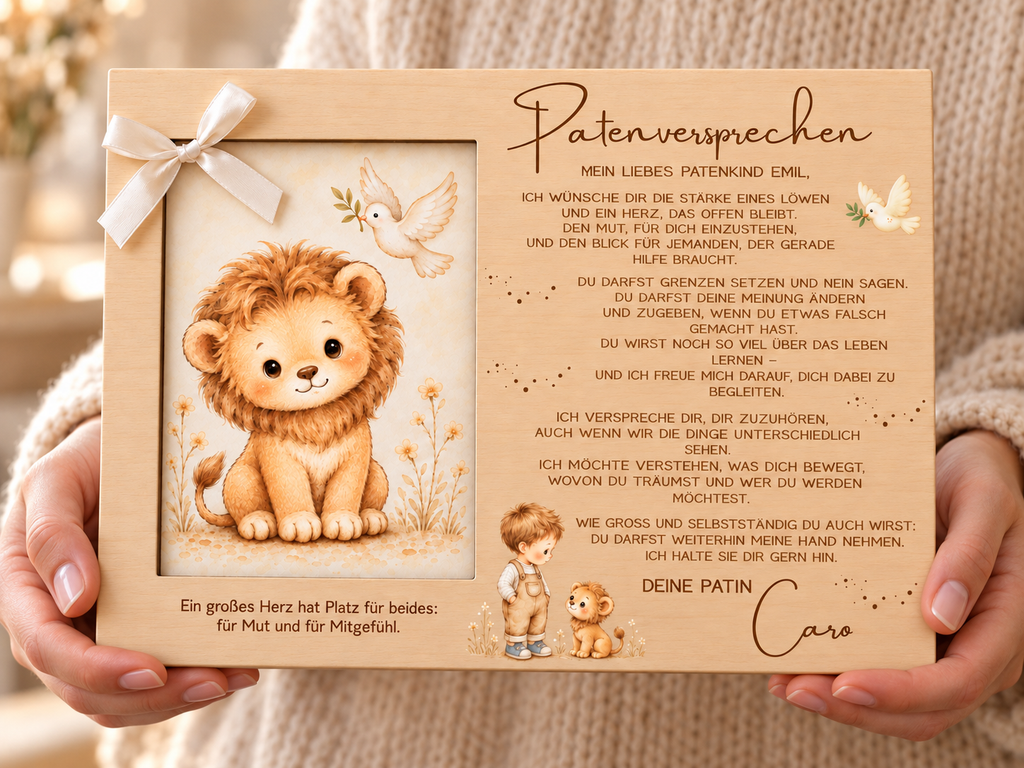 Patenversprechen für Emil von Patin Caro, Holz-Fotorahmen mit Löwenmotiv und Schleife in Händen gehalten