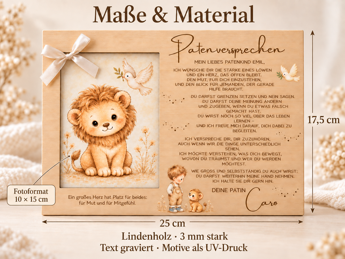 Maße des Patenversprechen-Fotorahmens: 25 × 17,5 cm, Bildformat 10 × 15 cm, Lindenholz 3 mm, Text graviert und Motive als UV-Druck