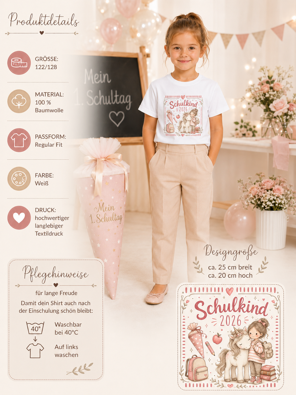 Produktdetails zum Einschulung Shirt Mädchen Schulkind 2026 aus 100 Prozent Baumwolle mit hochwertigem Textildruck