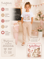 Produktdetails zum Einschulung Shirt Mädchen Schulkind 2026 aus 100 Prozent Baumwolle mit hochwertigem Textildruck