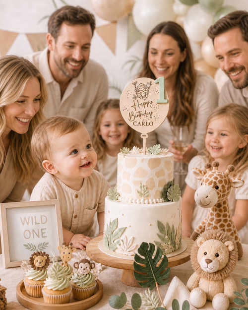 Familie und Kinder feiern den ersten Geburtstag mit Safari-Torte, personalisiertem Caketopper Carlo aus Lindenholz und grüner PLA-Zahl 1.