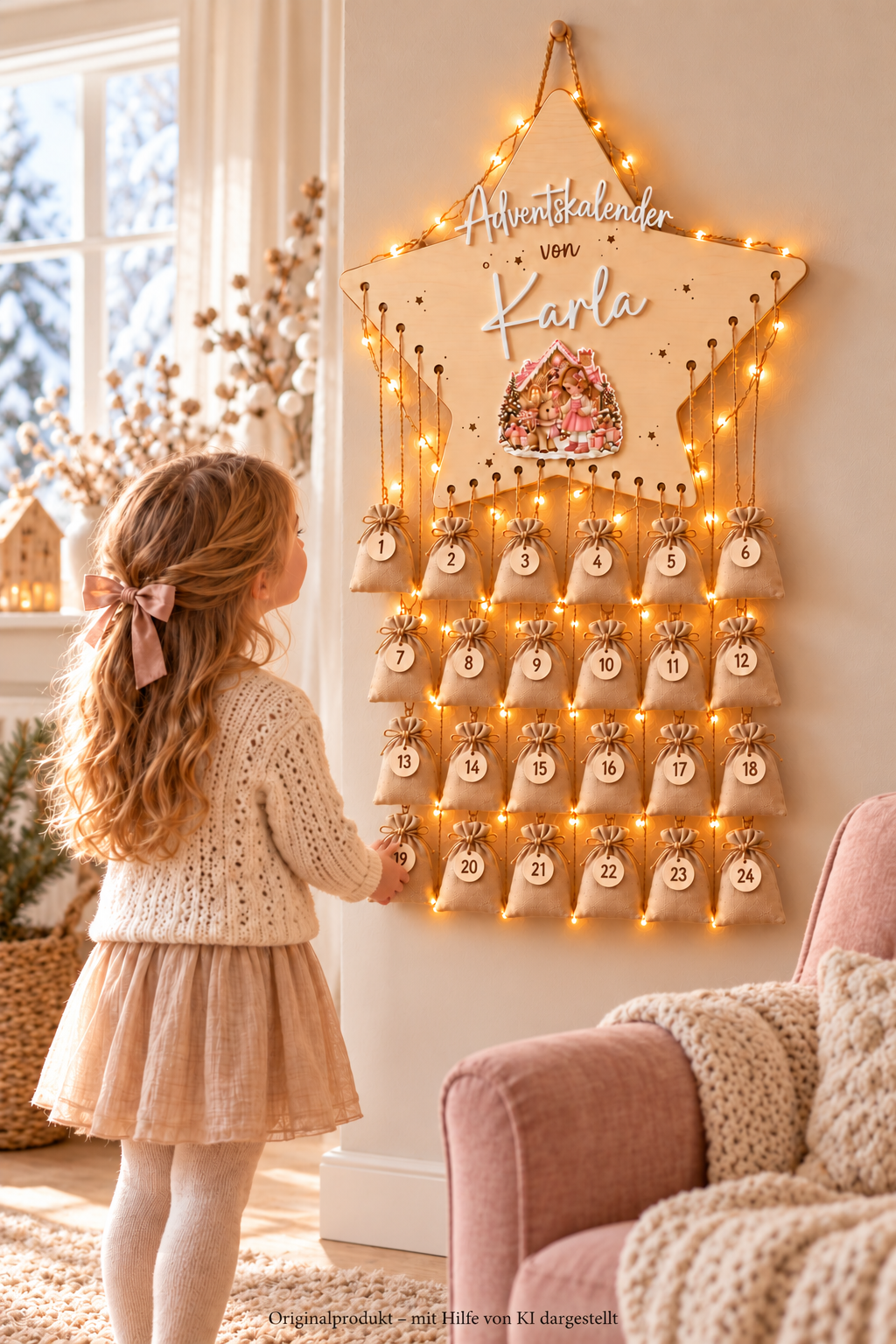 Kind greift zum Jutesäckchen am personalisierten Adventskalender aus Lindenholz