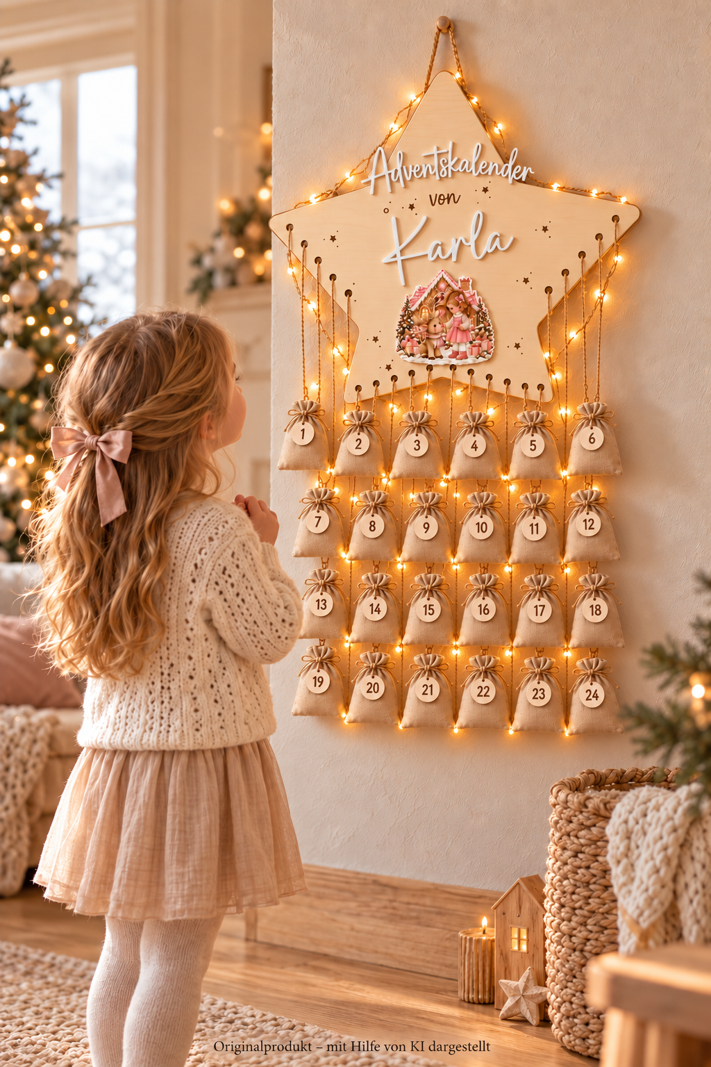 Personalisierter Holzstern-Adventskalender mit 3D-Name, 24 Jutesäckchen und Kind in Boho-Weihnachtsszene