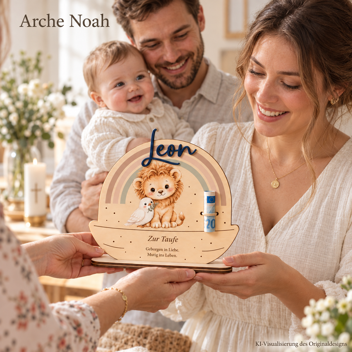 Arche Noah Taufgeschenk mit optionalem dunkelblauen 3D-Namen Leon bei einer Geschenkübergabe. KI-Visualisierung.