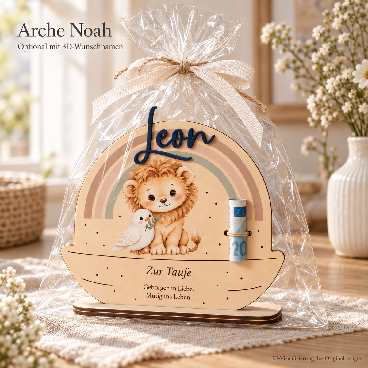 Arche Noah Geldaufsteller mit optionalem 3D-Namen in transparenter Geschenkfolie. Verpackungsbeispiel, KI-Visualisierung.