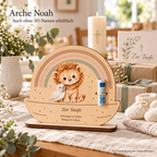 Arche Noah Geldgeschenk zur Taufe aus Lindenholz mit Löwe, Taube, Regenbogen und graviertem Spruch; ohne 3D-Namen. KI-Visualisierung.