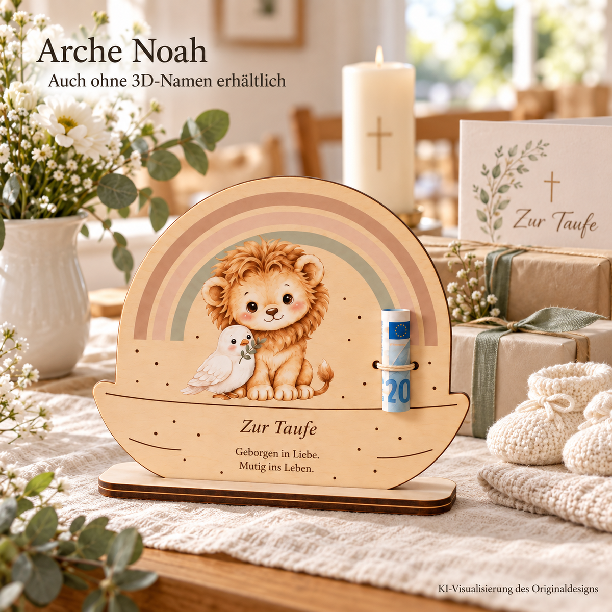 Arche Noah Geldgeschenk zur Taufe aus Lindenholz mit Löwe, Taube, Regenbogen und graviertem Spruch; ohne 3D-Namen. KI-Visualisierung.