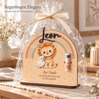Regenbogen Eleganz mit geradem Rundbogen, optionalem 3D-Namen Leon und transparenter Geschenkfolie. Verpackungsbeispiel, KI-Visualisierung.