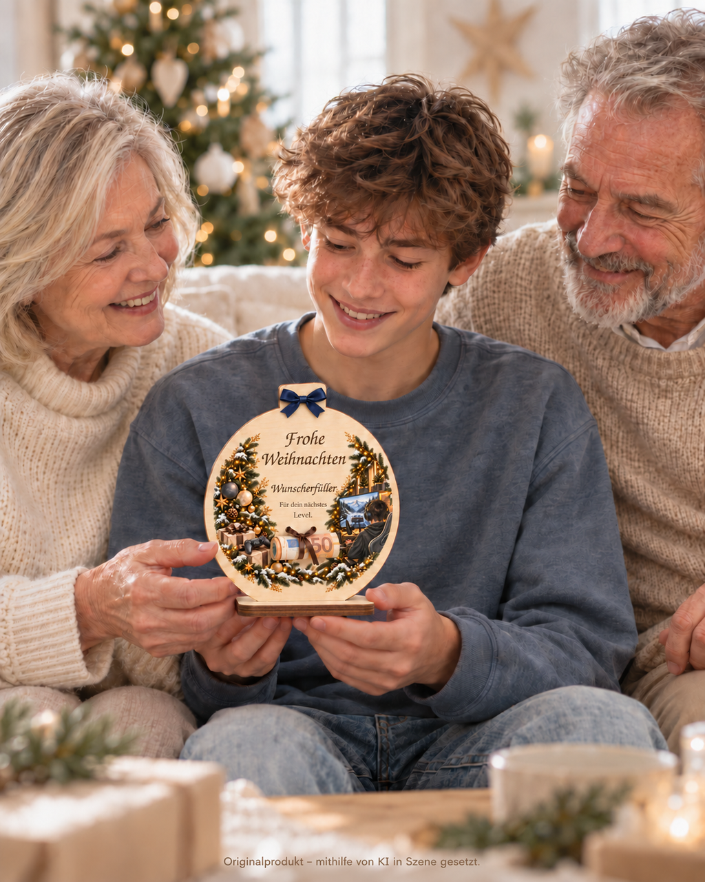 Großeltern überreichen ihrem Enkel den Gaming-Geldaufsteller zu Weihnachten; KI-Szenenbild