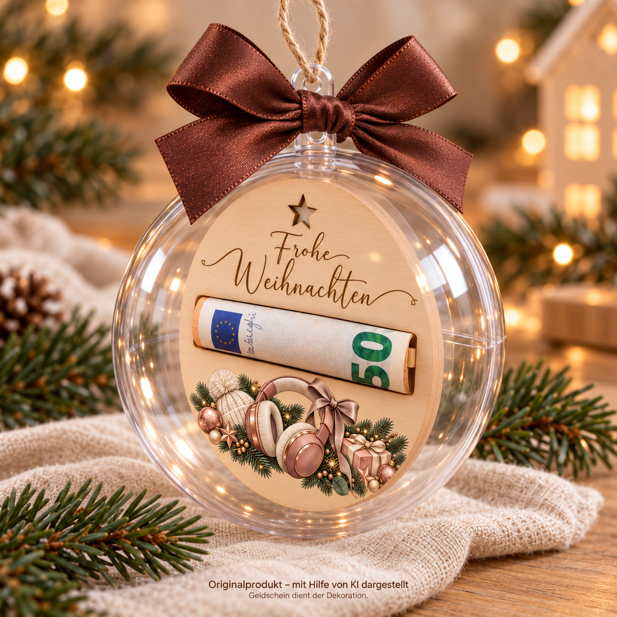 Weihnachtskugel Ø 10 cm mit Holzeinlage und brauner Schleife