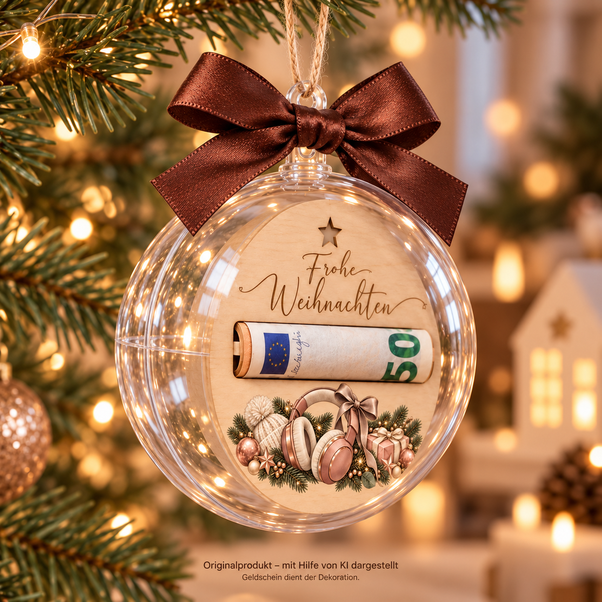 Weihnachtskugel als Geldgeschenk am Tannenbaum, mit Holzeinlage und brauner Schleife