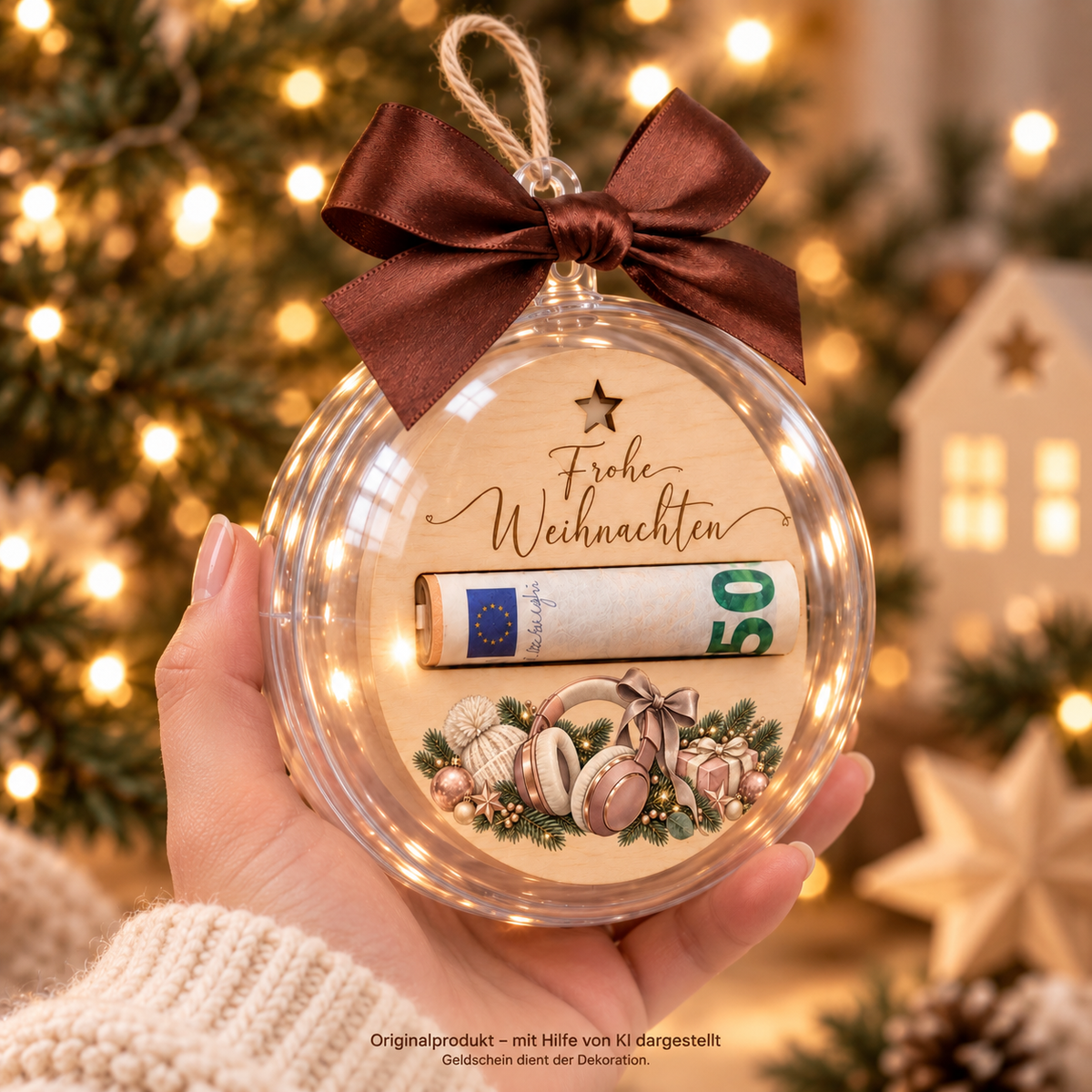Runde Weihnachtskugel mit Jugendmotiv in der Hand