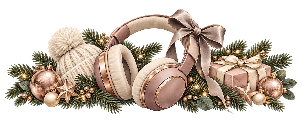 Motiv 1 – Kopfhörer in Roségold mit weihnachtlicher Dekoration